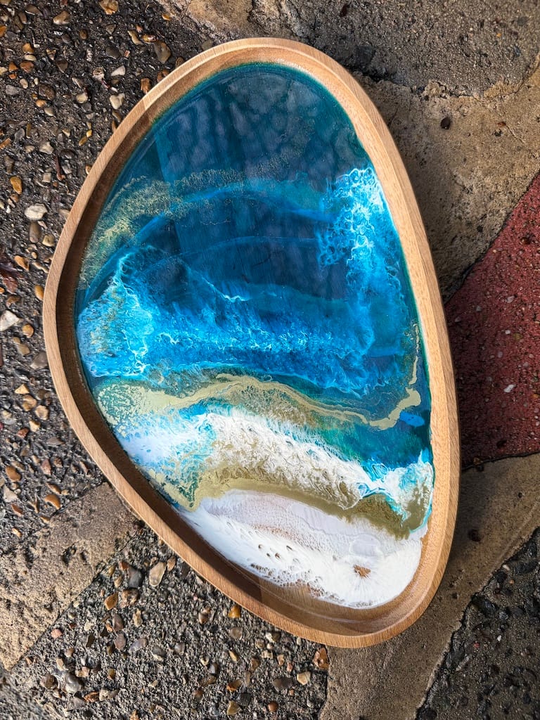 Wave Blue Painted Wave Acacia Wood Droplet Tray 33x19cm - Image 5