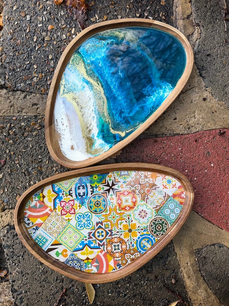 Wave Blue Painted Wave Acacia Wood Droplet Tray 33x19cm - Image 4