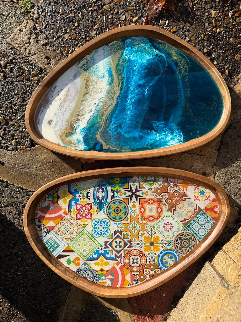 Wave Blue Painted Wave Acacia Wood Droplet Tray 33x19cm - Image 8