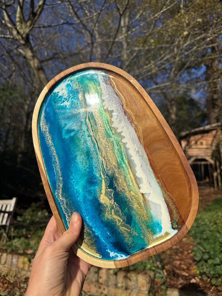 Wave Blue Painted Wave Acacia Wood Droplet Tray 30x20cm - Image 3
