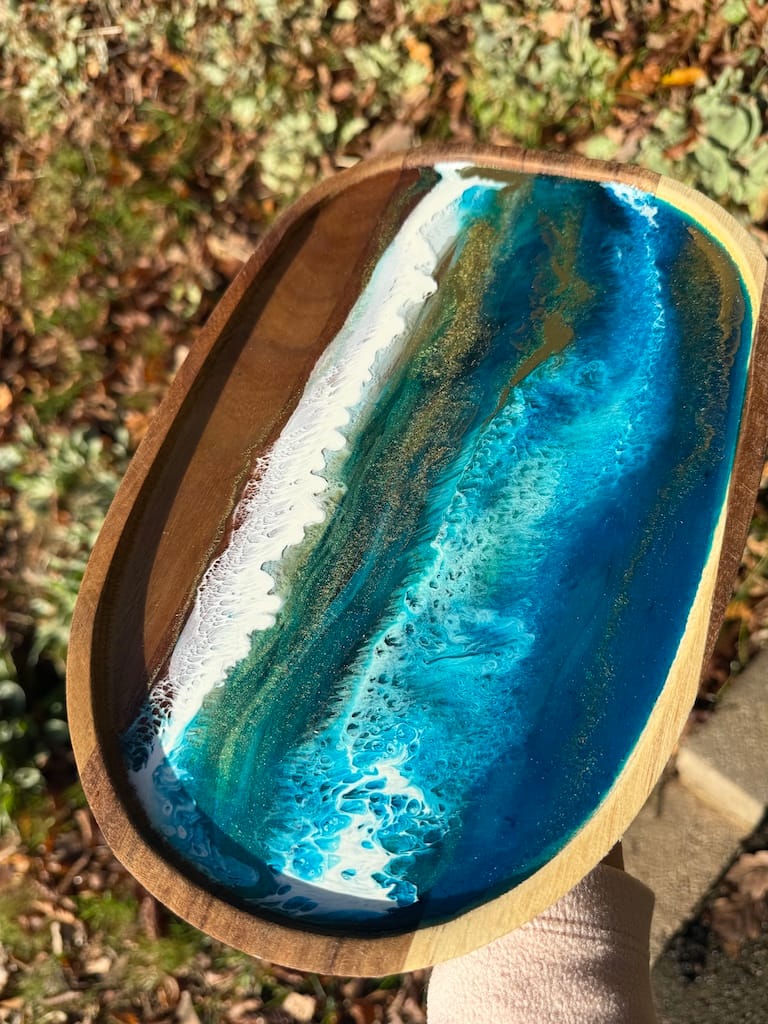 Wave Blue Painted Wave Acacia Wood Droplet Tray 30x20cm - Image 4
