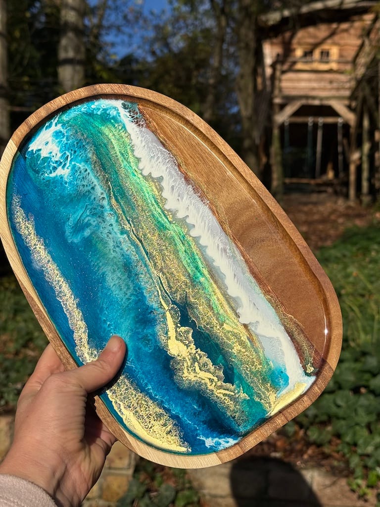 Wave Blue Painted Wave Acacia Wood Droplet Tray 30x20cm - Image 2
