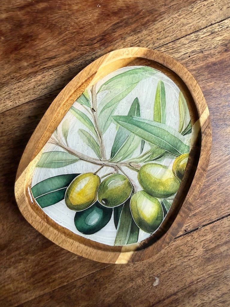 Olive Branch painted effect Charcuterie Mini Acacia Droplet Tray 16x13 cm approx - Image 4