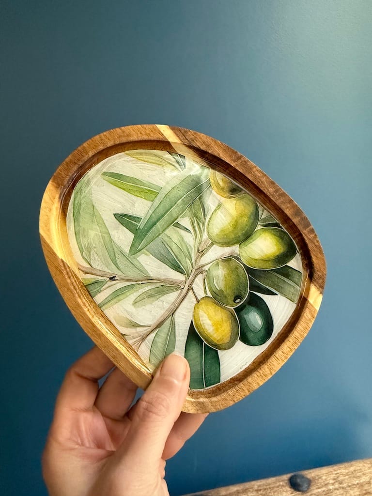 Olive Branch painted effect Charcuterie Mini Acacia Droplet Tray 16x13 cm approx