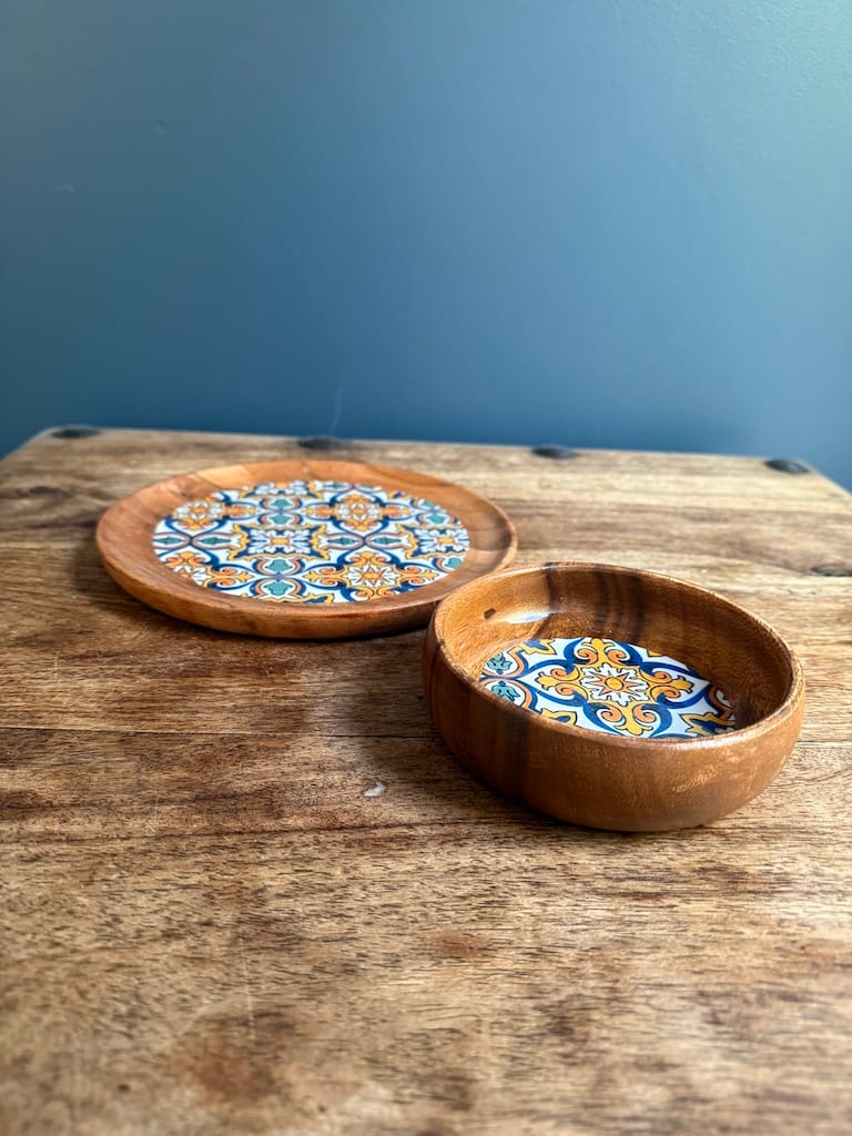 Blue and Yellow Spanish Tile effect Snack Bowl Monkey Pod Salad bowl One - Image 6