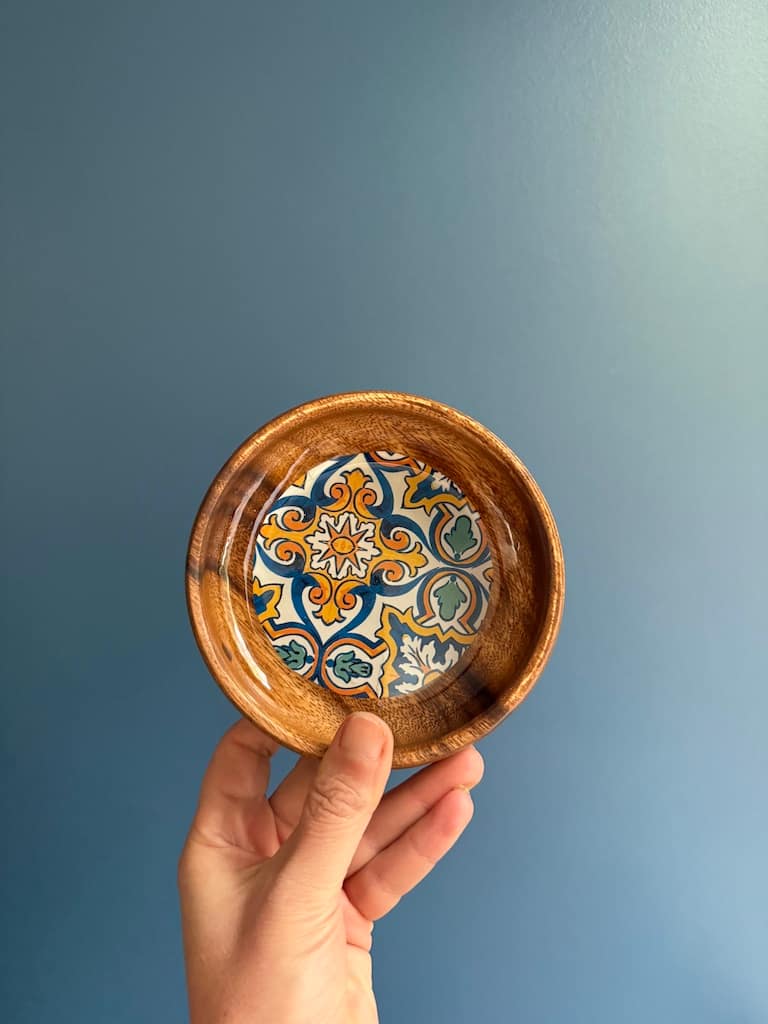 Blue and Yellow Spanish Tile effect Snack Bowl Monkey Pod Salad bowl One