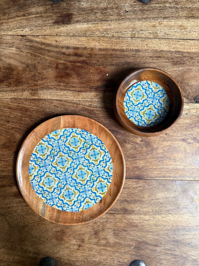 Portuguese Green Yellow and Blue Tile effect Acacia Plate 16cm One - Image 5