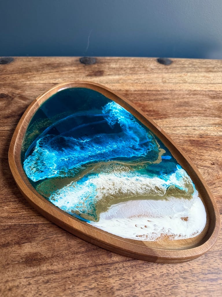 Wave Blue Painted Wave Acacia Wood Droplet Tray 33x19cm - Image 11