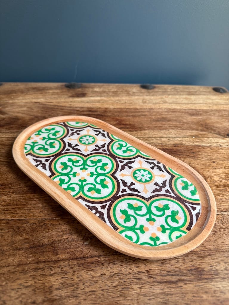 Nanna Red and Green Tile Painted Effect Beech Wood Oval Tray 28x15cm - Image 5