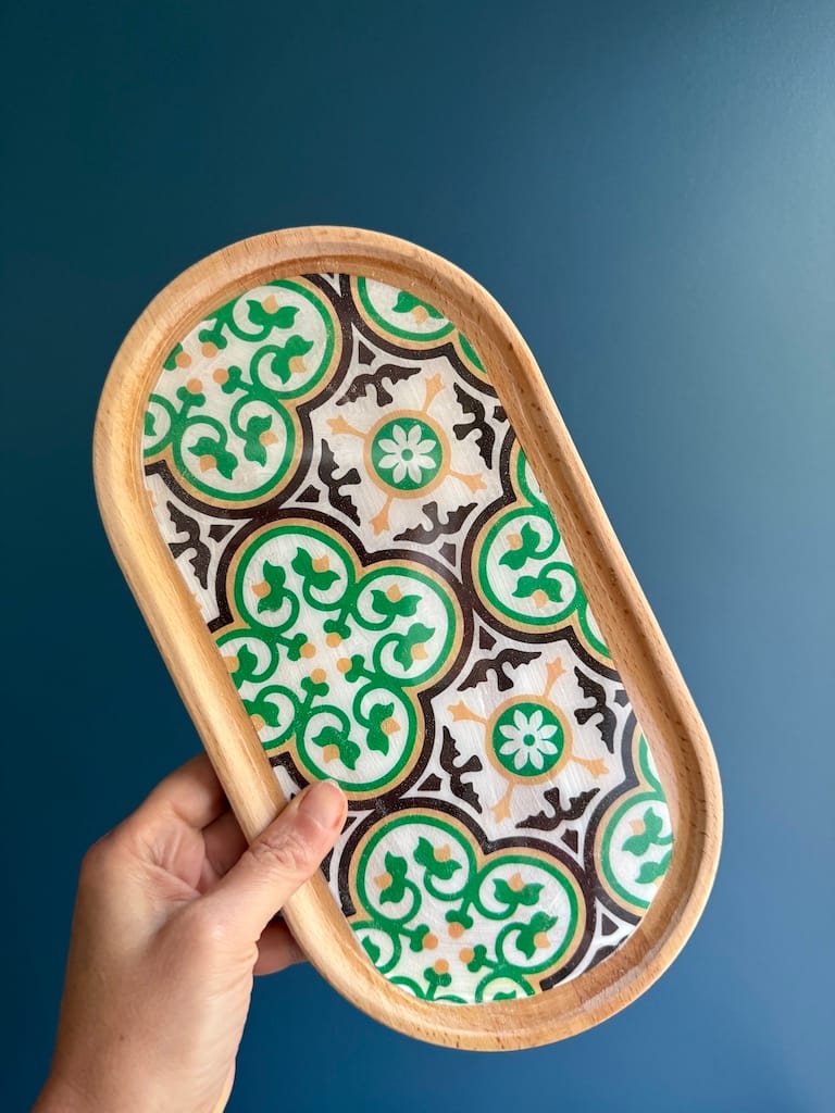 Nanna Red and Green Tile Painted Effect Beech Wood Oval Tray 28x15cm
