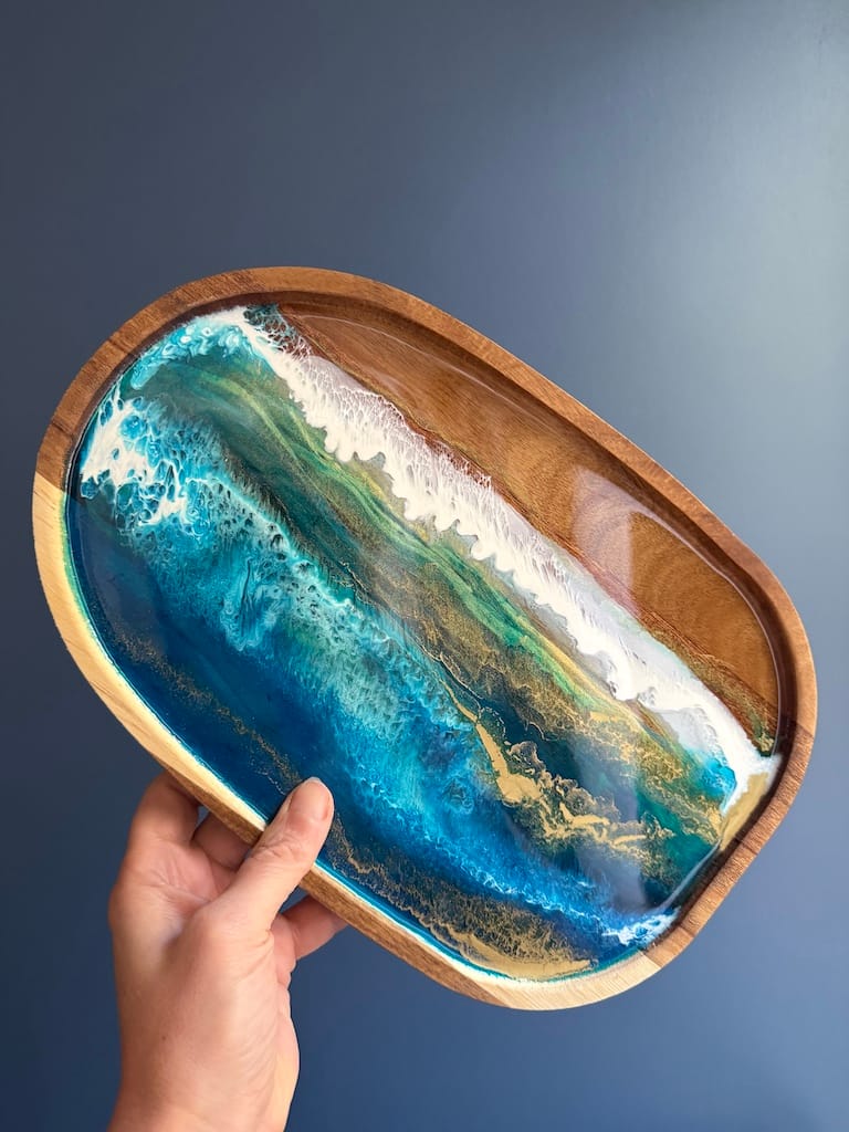 Wave Blue Painted Wave Acacia Wood Droplet Tray 30x20cm