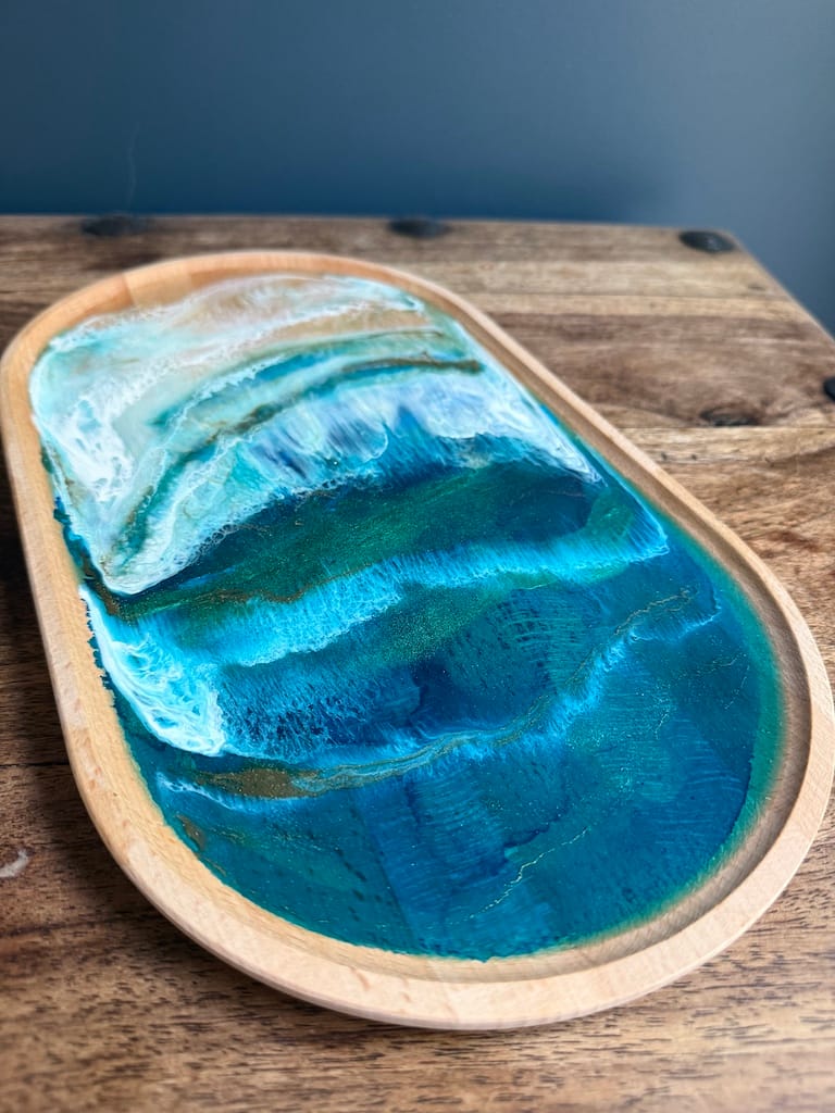 Wave Blue Painted Wave Beech Wood Oval Tray 35x20cm - Image 6