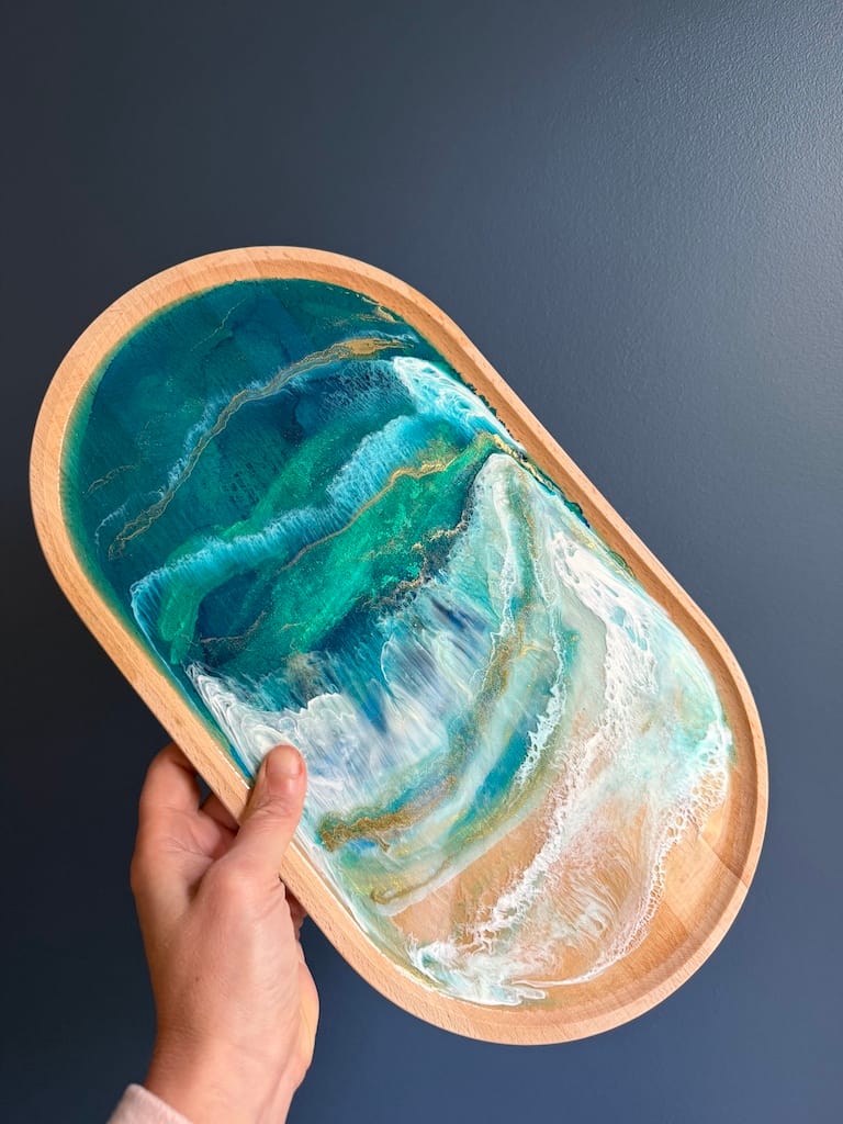 Wave Blue Painted Wave Beech Wood Oval Tray 35x20cm