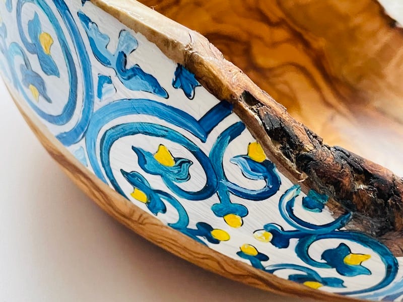 Nanna Blue Hand Painted MaltaTile Olive Wood Salad Bowl Christmas, Mothers Day Fathers Day Wedding Gift - Image 2