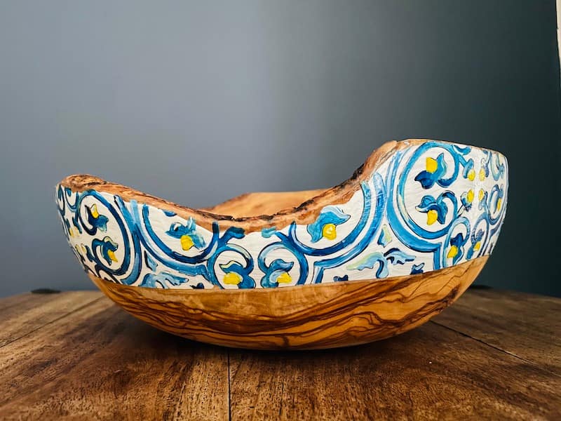 Nanna Blue Hand Painted MaltaTile Olive Wood Salad Bowl Christmas, Mothers Day Fathers Day Wedding Gift - Image 5