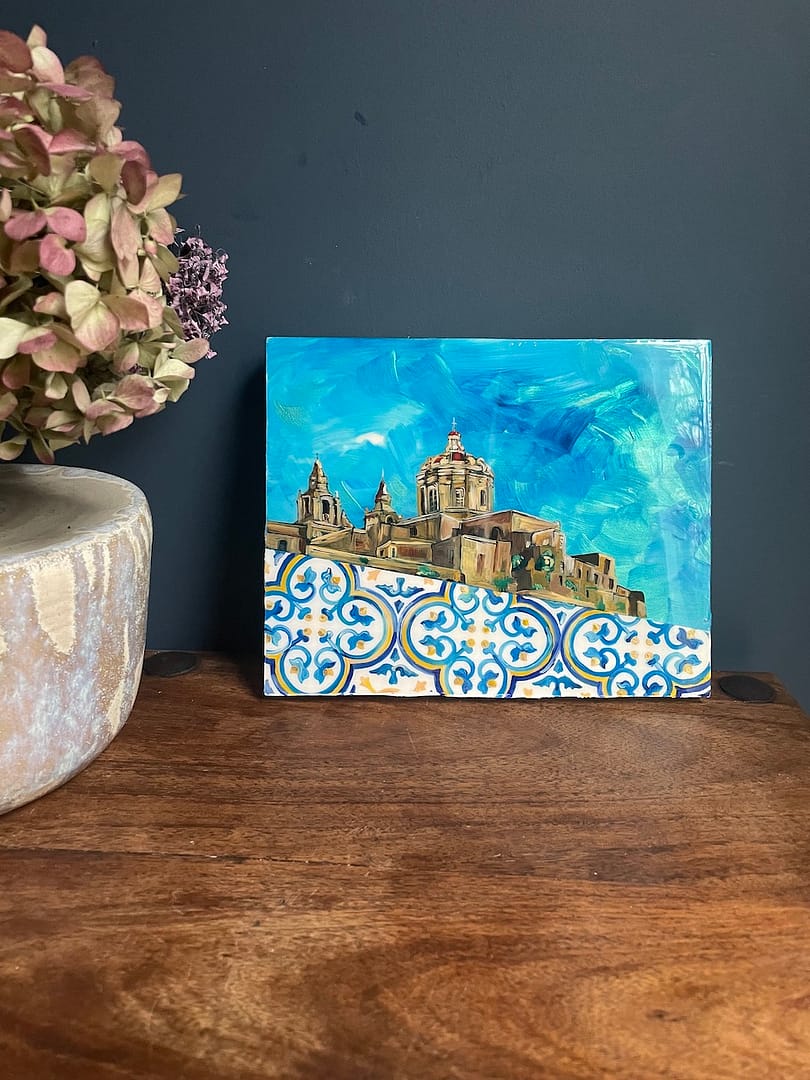 Painting Hand Painted Mdina and Painted Tile Wood hanging Board 20x 25cm - Image 2