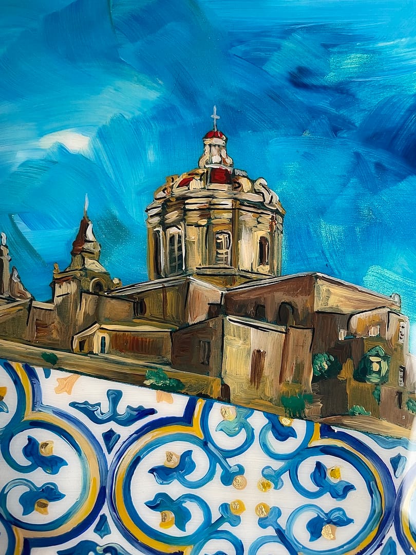 Painting Hand Painted Mdina and Painted Tile Wood hanging Board 20x 25cm
