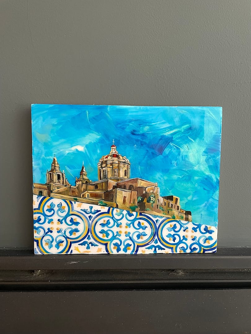 Painting Hand Painted Mdina and Painted Tile Wood hanging Board 20x 25cm - Image 3
